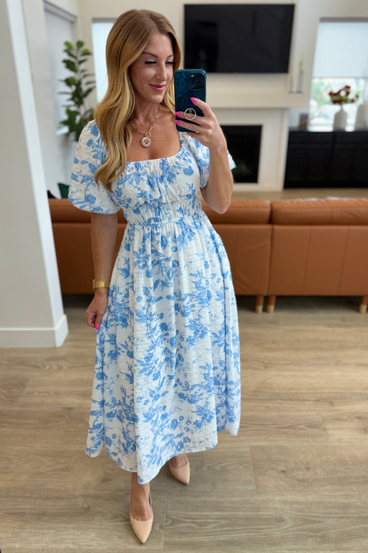 Nurturing Myself Square Neck Floral Dress in Blue - The Pink Note