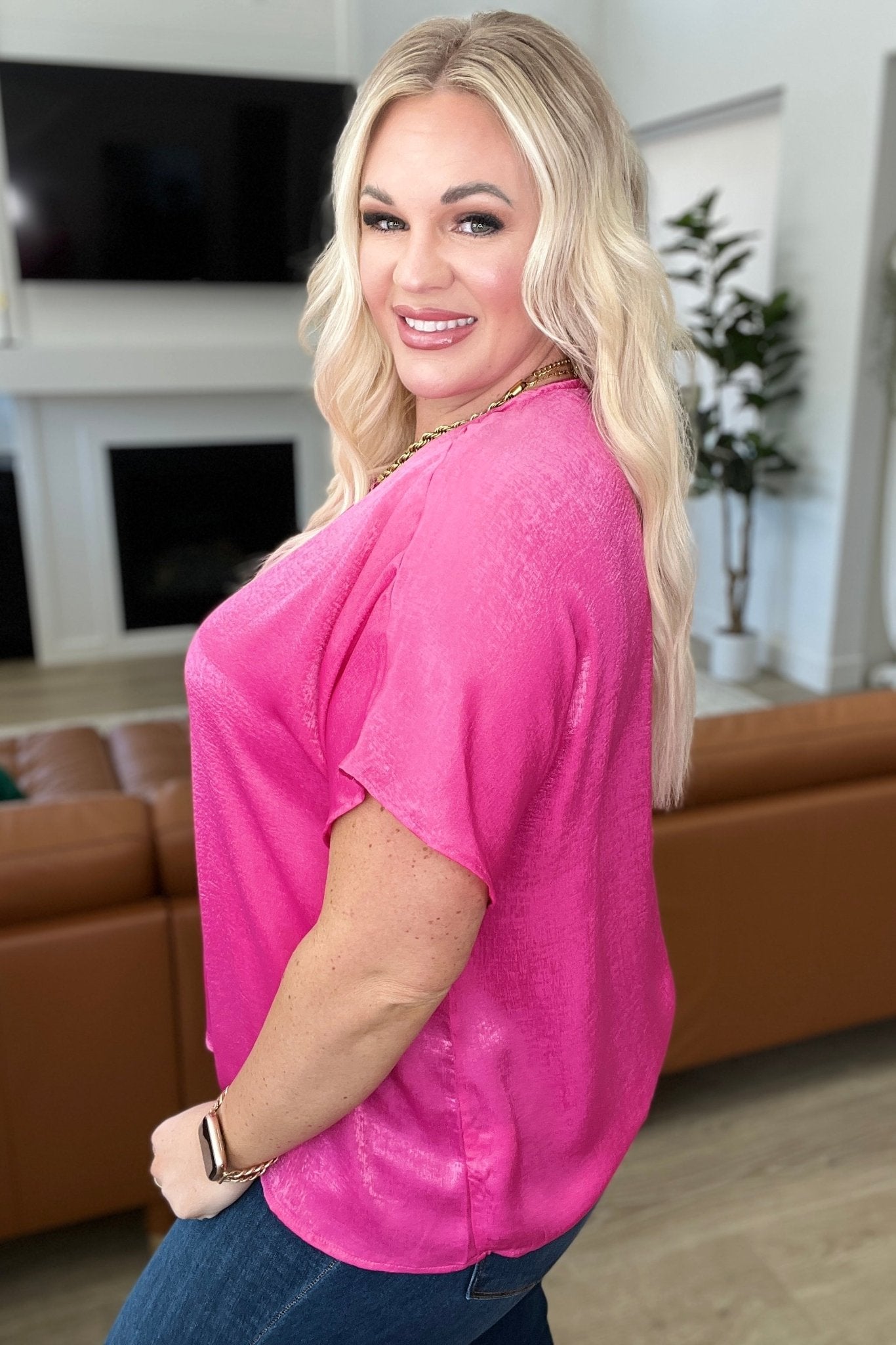 Pleat Front V-Neck Top in Hot Pink - Molliee Boutique