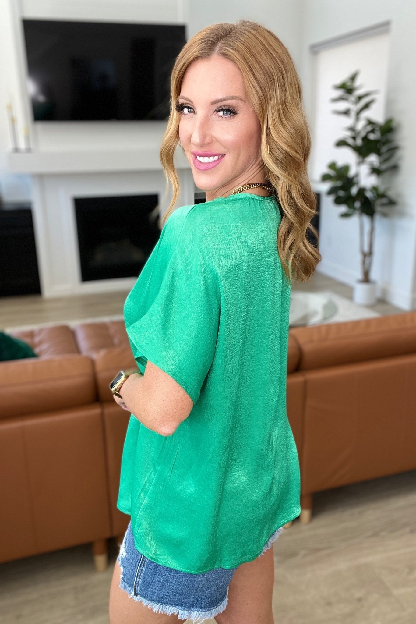 Pleat Front V-Neck Top in Kelly Green - Molliee Boutique