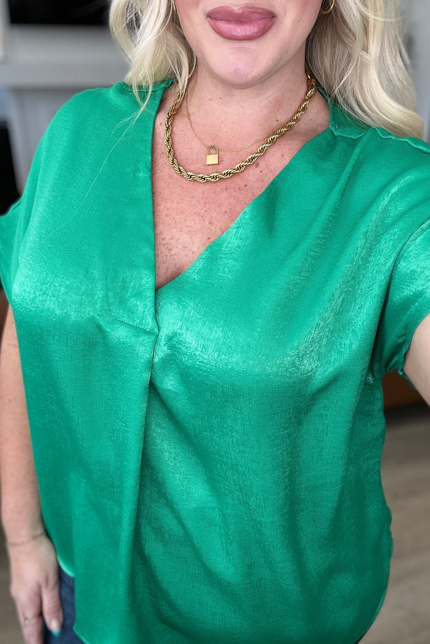 Pleat Front V-Neck Top in Kelly Green - Molliee Boutique