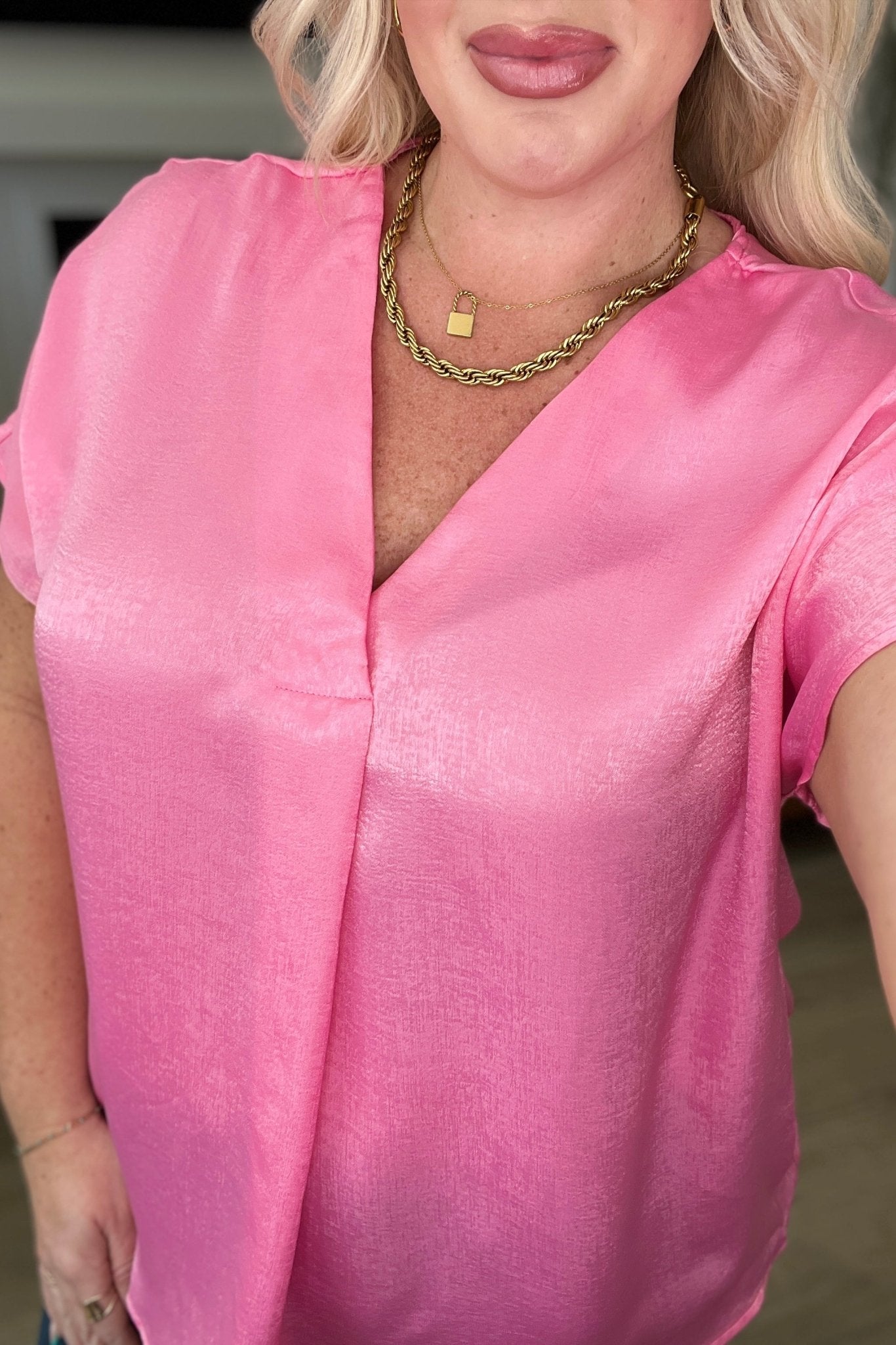 Pleat Front V-Neck Top in Pink Cosmos - Molliee Boutique