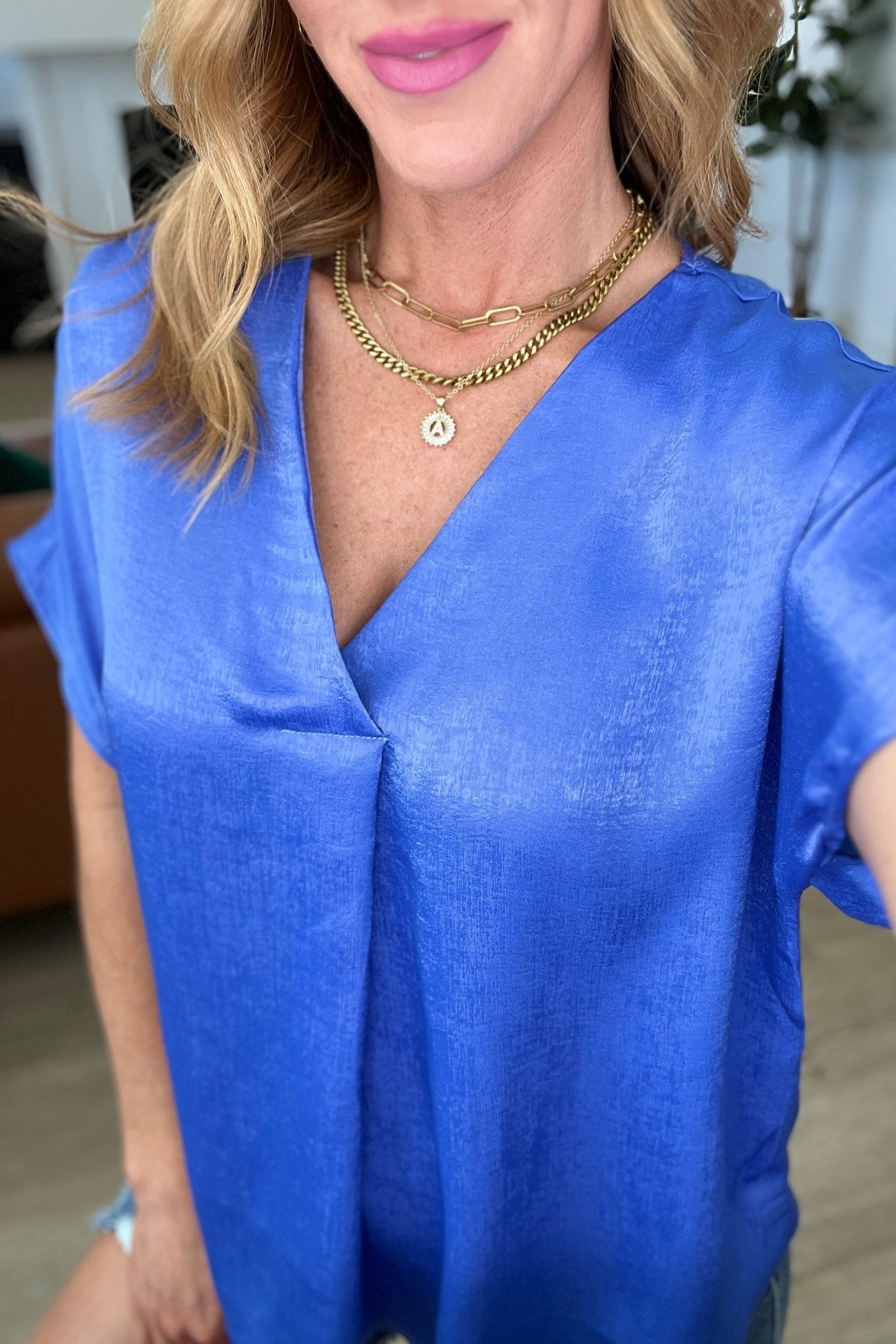 Pleat Front V-Neck Top in Royal Blue - Molliee Boutique