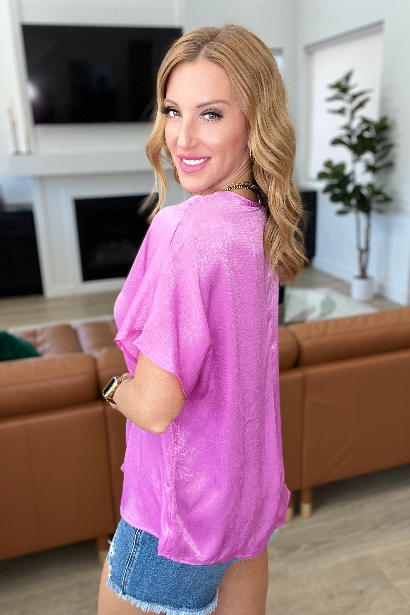 Pleat Front V-Neck Top in Spring Orchid - Molliee Boutique