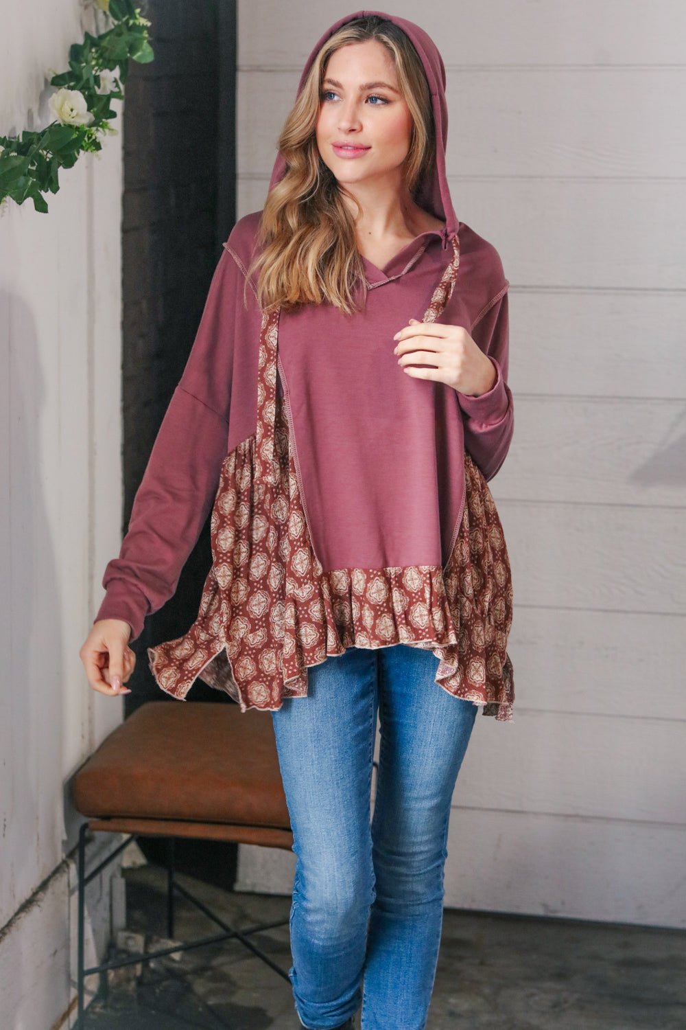 Plum Ethnic Outseam Drawstring Hoodie - Molliee Boutique