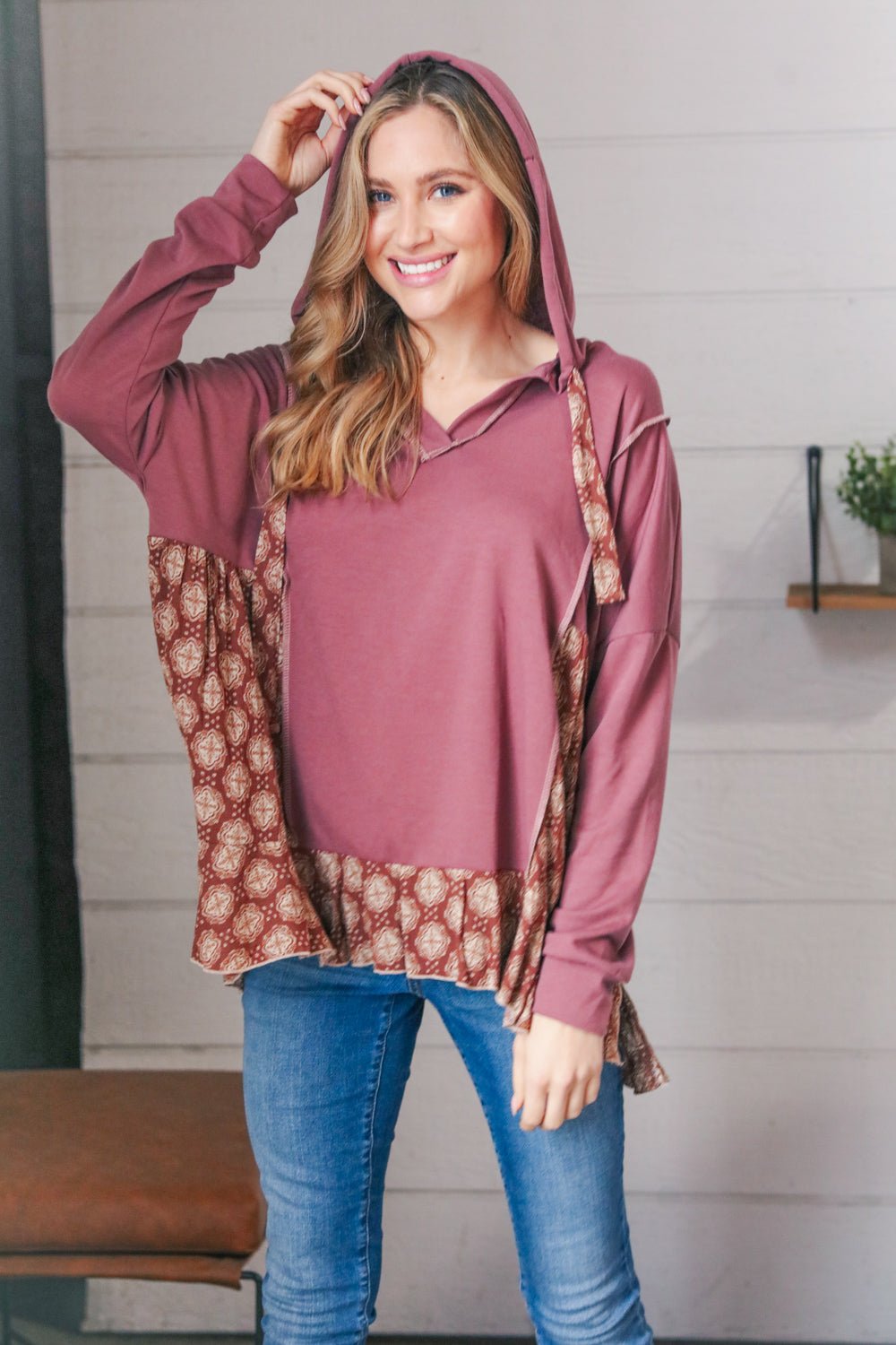 Plum Ethnic Outseam Drawstring Hoodie - Molliee Boutique