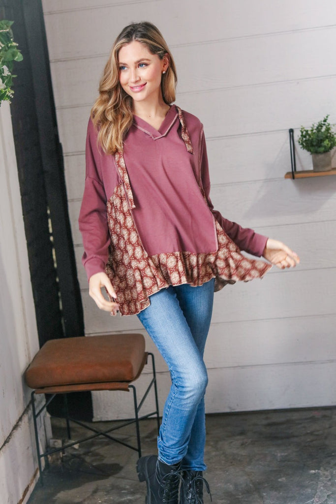 Plum Ethnic Outseam Drawstring Hoodie - Molliee Boutique