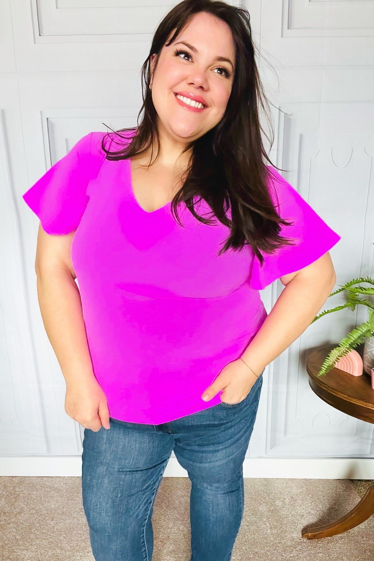 PLUS Keep Your Cool Bright Mauve Flutter Sleeve V Neck Top - Molliee Boutique