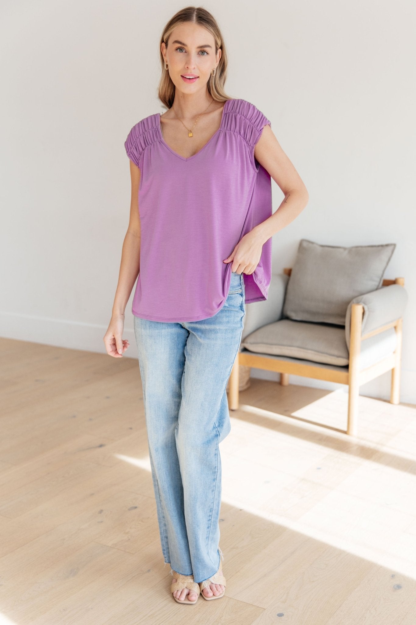 Ruched Cap Sleeve Top in Lavender - Molliee Boutique