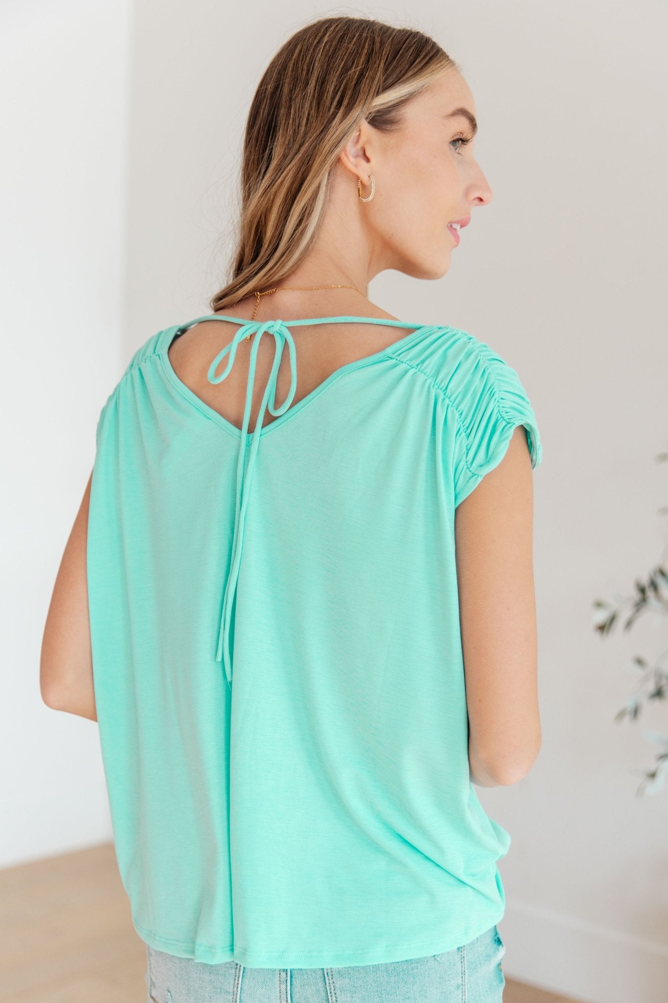 Ruched Cap Sleeve Top in Neon Blue - Molliee Boutique