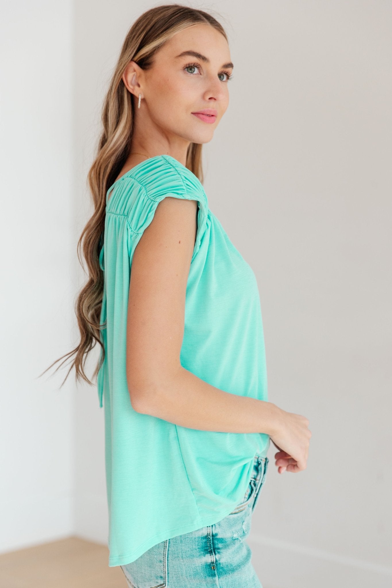 Ruched Cap Sleeve Top in Neon Blue - Molliee Boutique