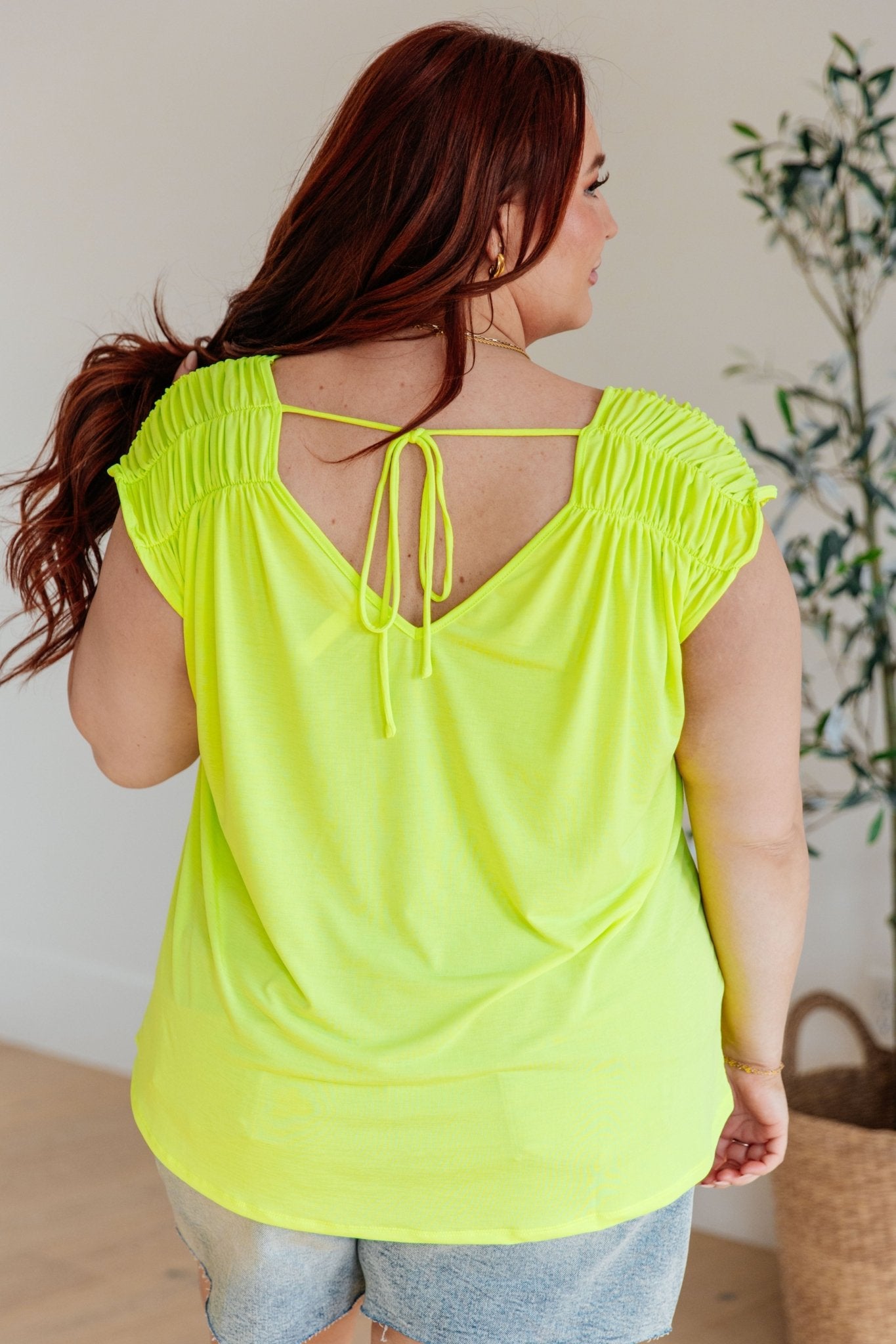 Ruched Cap Sleeve Top in Neon Green - Molliee Boutique