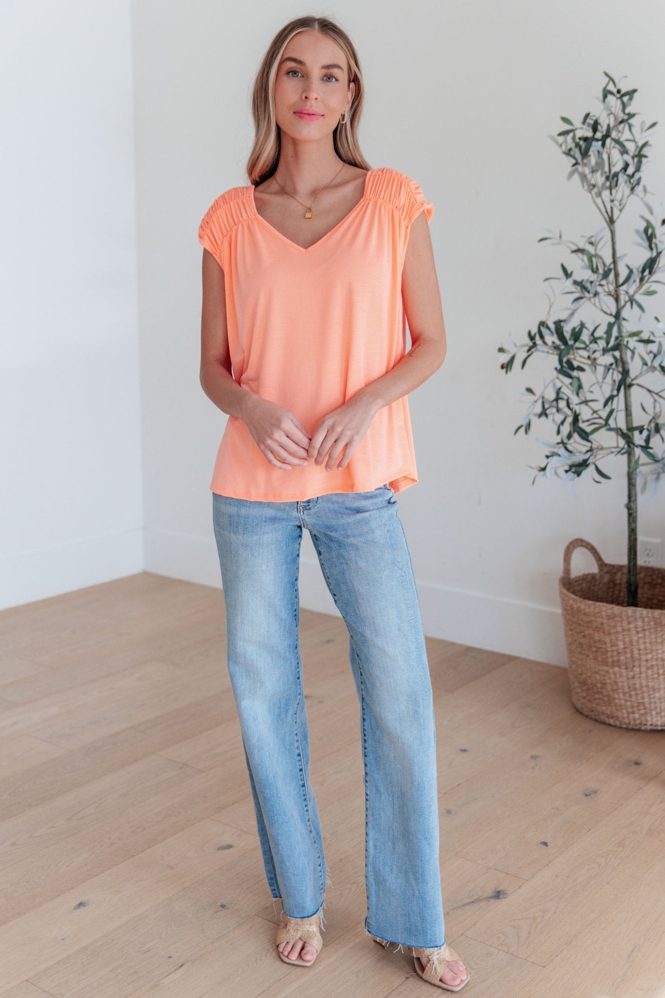 Ruched Cap Sleeve Top in Neon Orange - Molliee Boutique