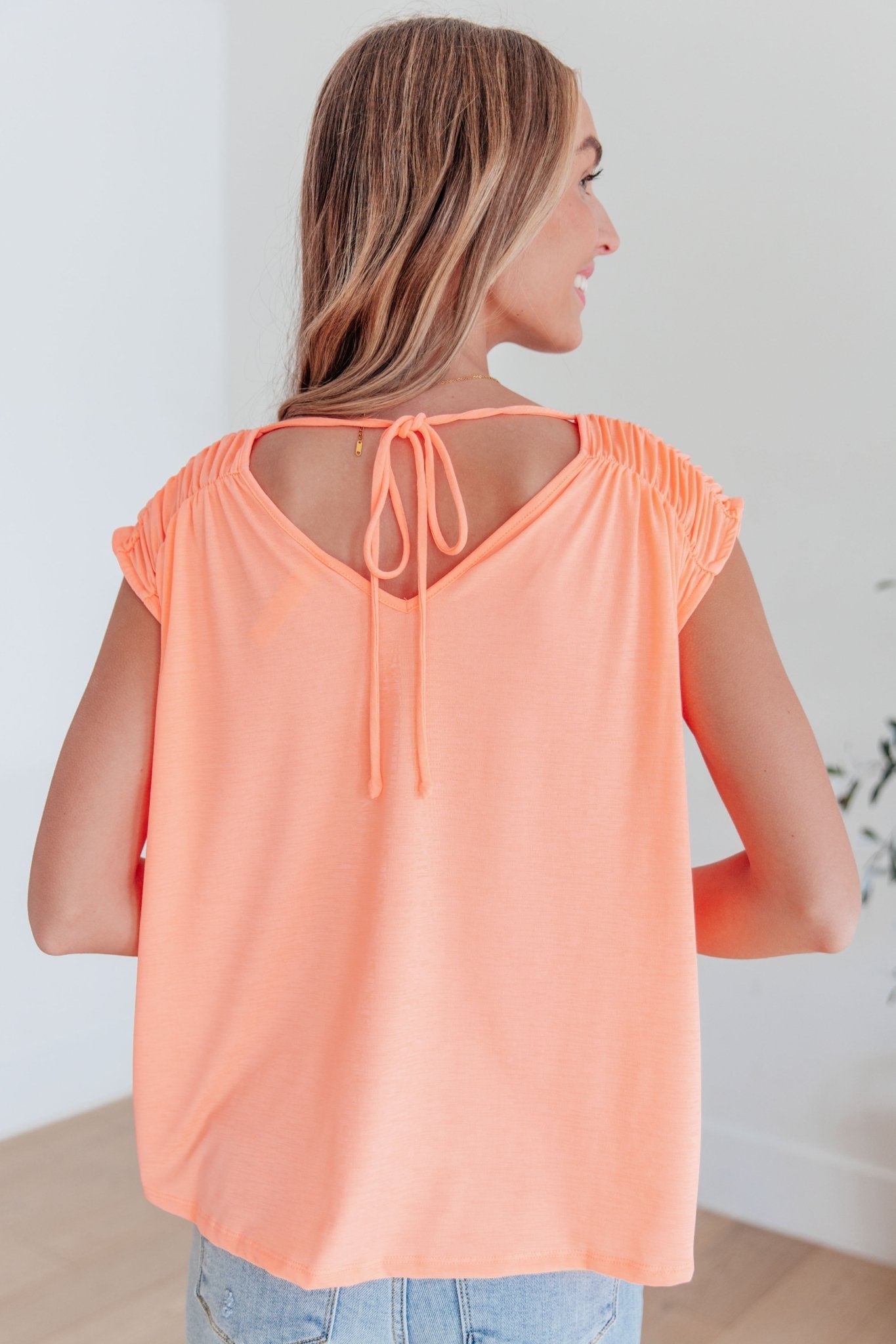 Ruched Cap Sleeve Top in Neon Orange - Molliee Boutique