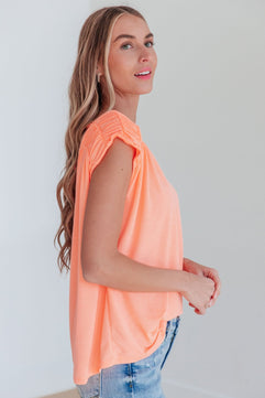 Ruched Cap Sleeve Top in Neon Orange - Molliee Boutique