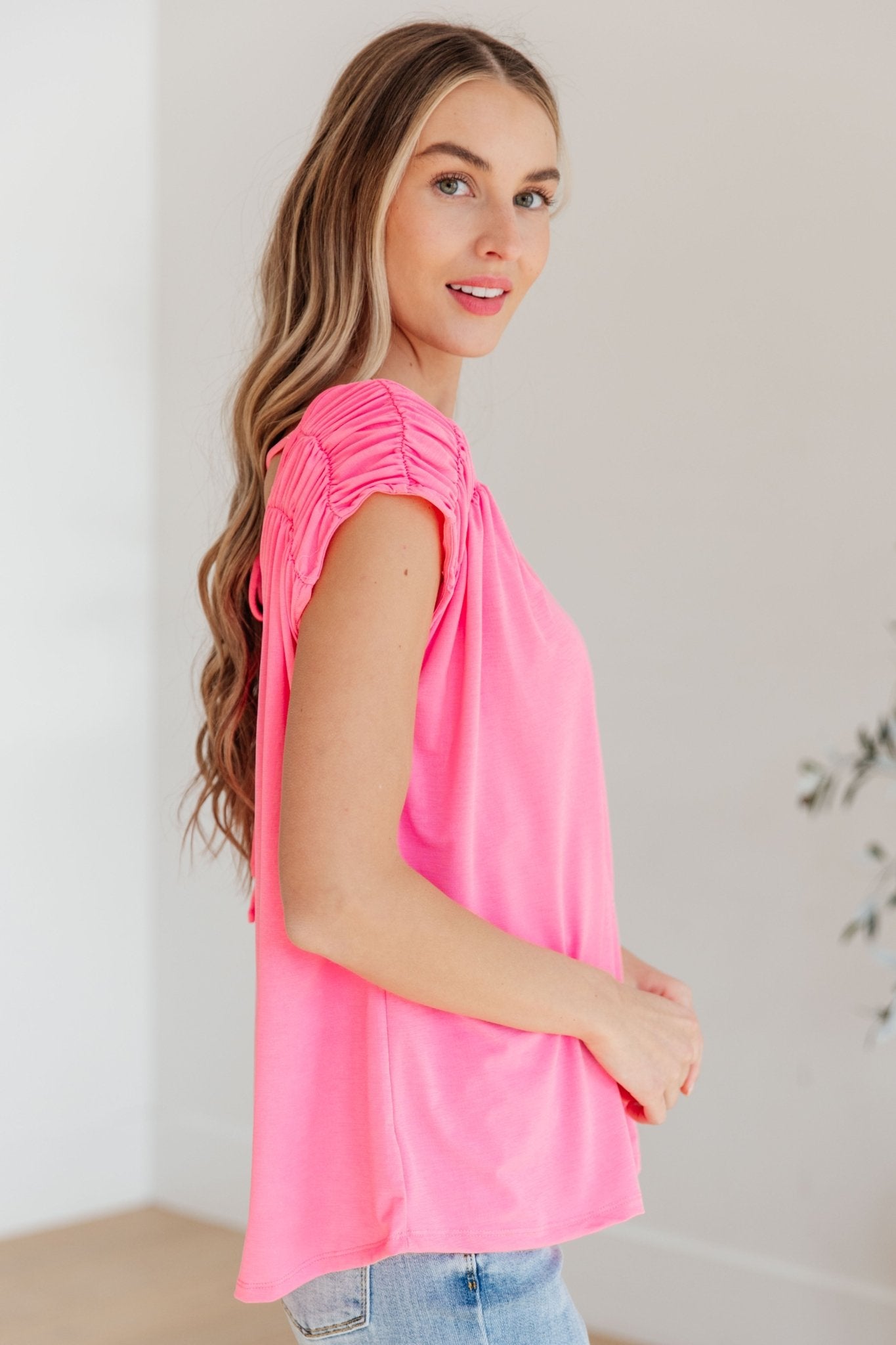 Ruched Cap Sleeve Top in Neon Pink - Molliee Boutique