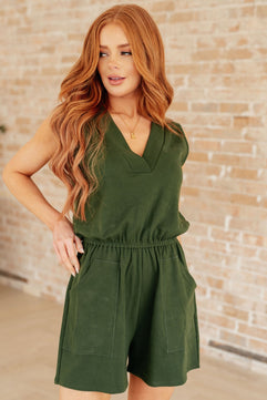 Sleeveless V-Neck Romper in Army Green - Molliee Boutique