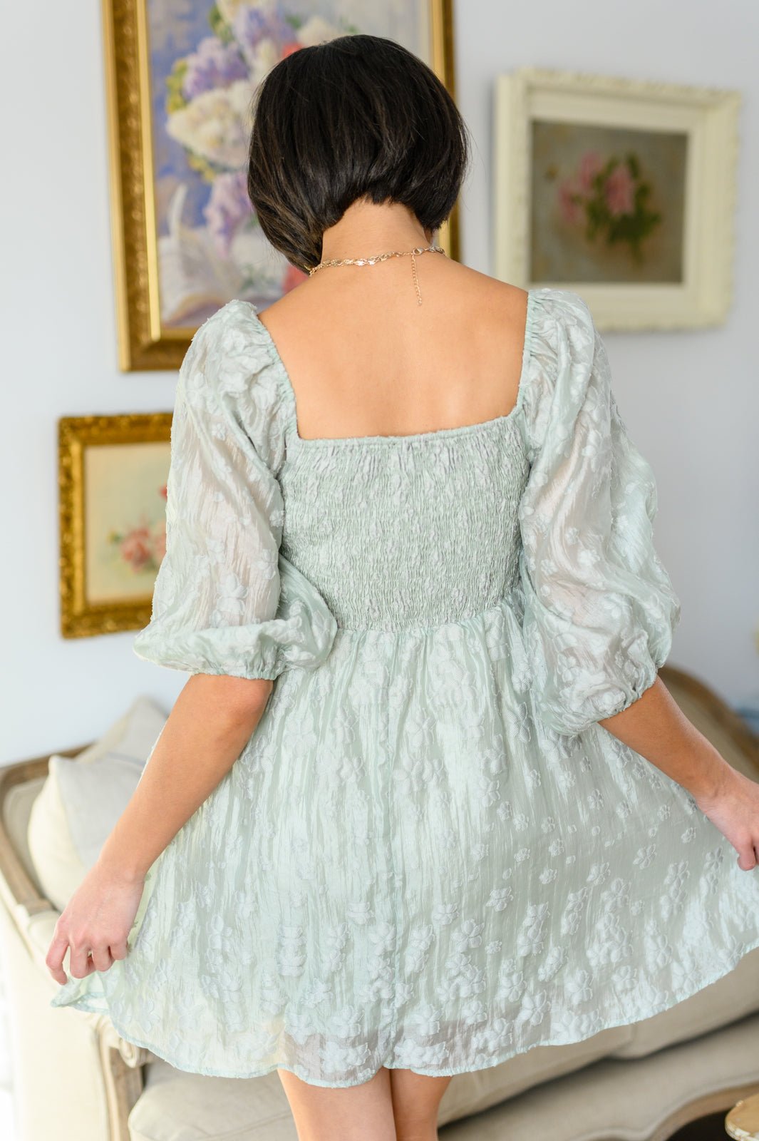 Spotting Fairies Puff Sleeve Dress in Sage - Molliee Boutique