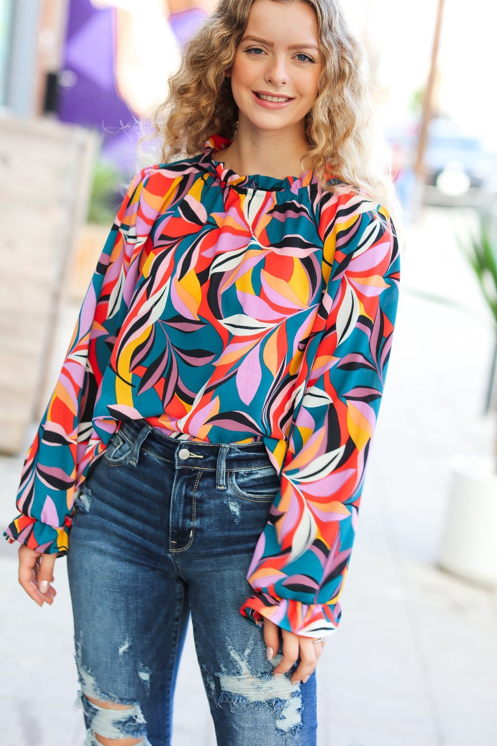 Weekend Vibes Teal & Rust Abstract Print Frill Neck Top - Molliee Boutique