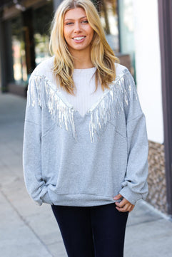 White/Grey Cable Knit Sequin Tassel Hacci Sweater - Molliee Boutique