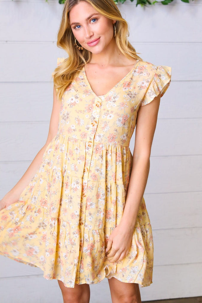 Yellow Floral Button Up Lined Dress - Molliee Boutique