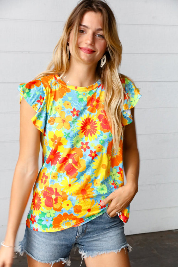 Yellow & Red Floral Flutter Sleeve Top - Molliee Boutique