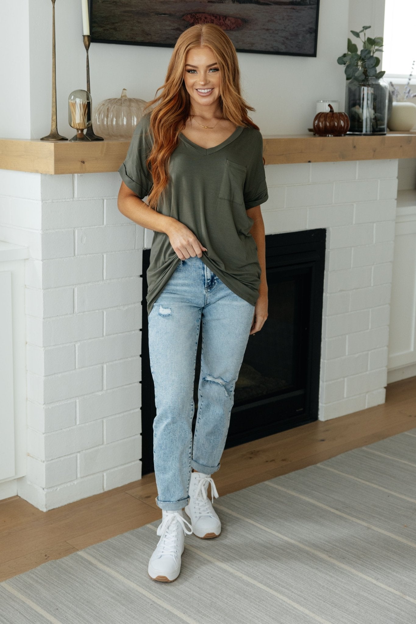 Absolute Favorite V-Neck Top in Olive - Molliee Boutique