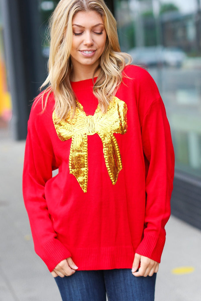 All I Want Red Sequin Bow Embroidery Knit Sweater - Molliee Boutique