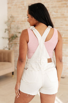 Anna High Rise Garment Dyed Cutoff Shortalls in Ecru - Molliee Boutique