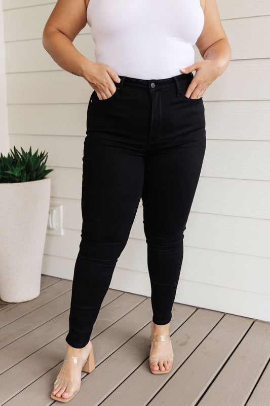 Audrey High Rise Control Top Classic Skinny Jeans in Black - Molliee Boutique