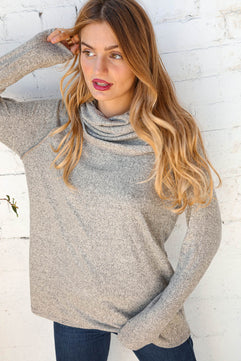 Beige Two Tone Hacci Cowl Neck Sweater Top - Molliee Boutique