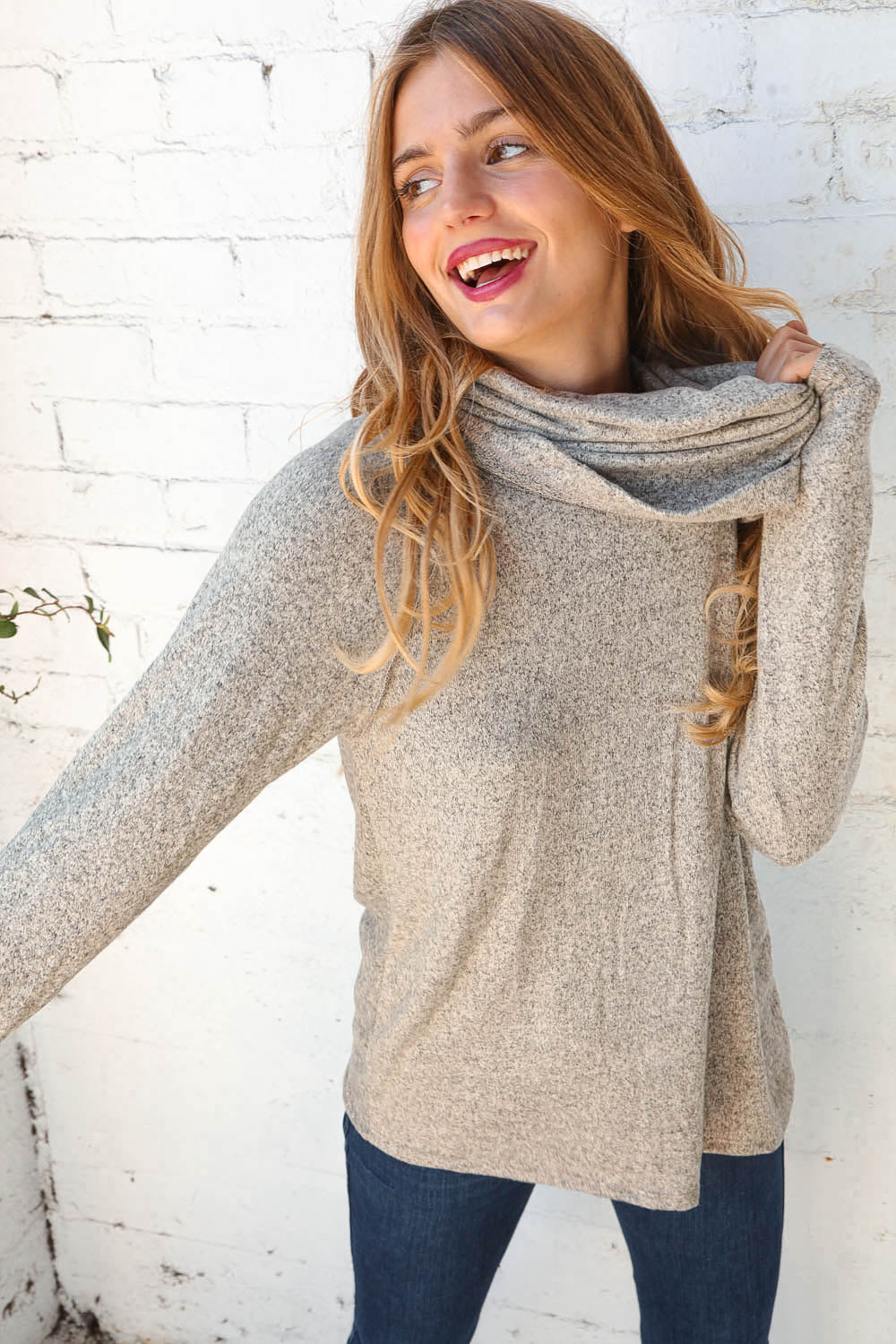 Beige Two Tone Hacci Cowl Neck Sweater Top - Molliee Boutique