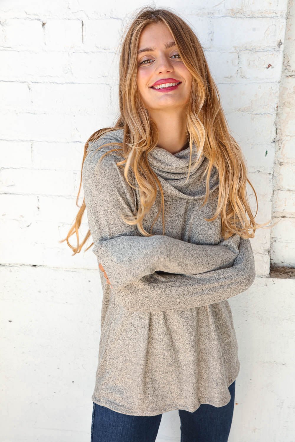 Beige Two Tone Hacci Cowl Neck Sweater Top - Molliee Boutique