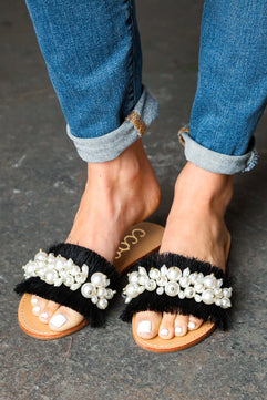 Black Linen Fray Beaded Faux Pearl Slide Sandal - Molliee Boutique