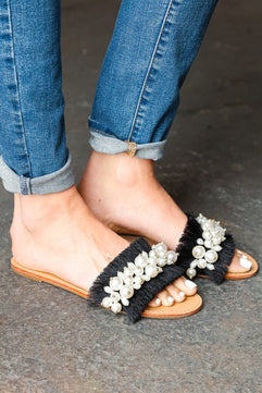 Black Linen Fray Beaded Faux Pearl Slide Sandal - Molliee Boutique