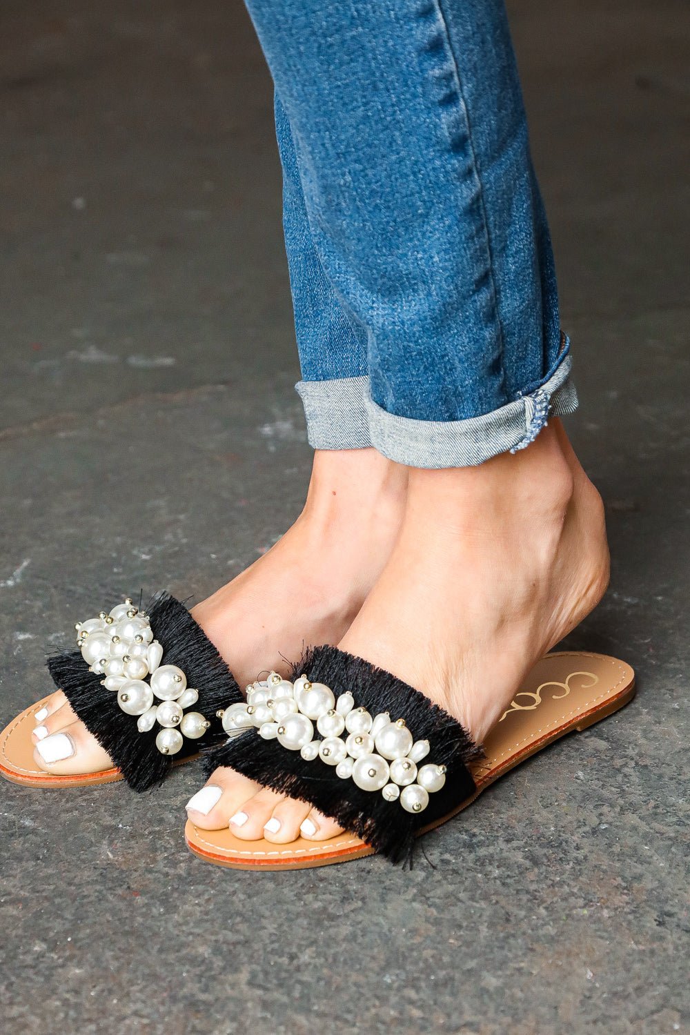 Black Linen Fray Beaded Faux Pearl Slide Sandal - Molliee Boutique