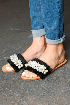 Black Linen Fray Beaded Faux Pearl Slide Sandal - Molliee Boutique