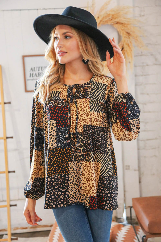 Black & Taupe Multi Leopard Patchwork Yoke Tie String Top - Molliee Boutique