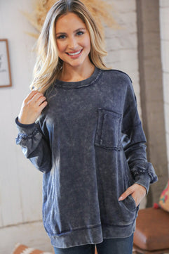 Blackberry Acid Wash Cotton Pullover with Side Pockets - Molliee Boutique