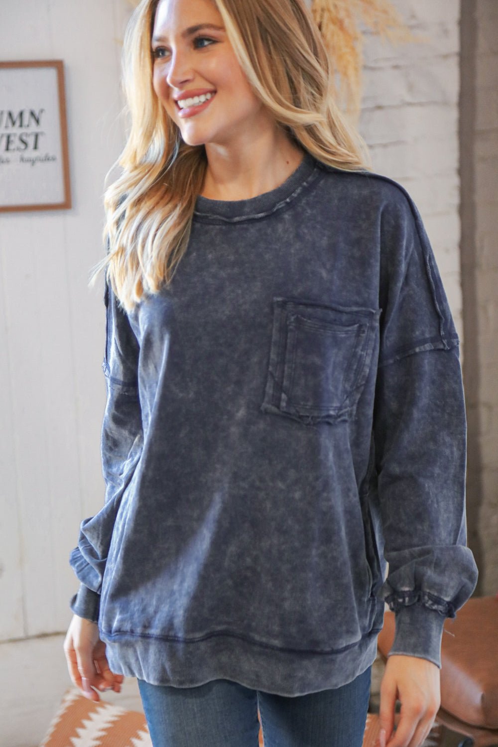 Blackberry Acid Wash Cotton Pullover with Side Pockets - Molliee Boutique