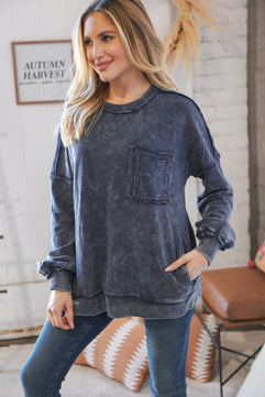 Blackberry Acid Wash Cotton Pullover with Side Pockets - Molliee Boutique