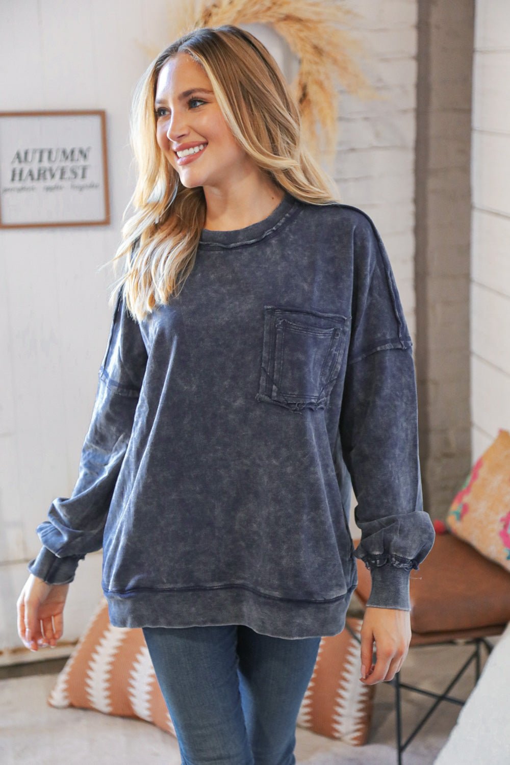 Blackberry Acid Wash Cotton Pullover with Side Pockets - Molliee Boutique