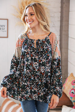 Boho Floral Ethnic Print Front Tie Woven Blouse - Molliee Boutique