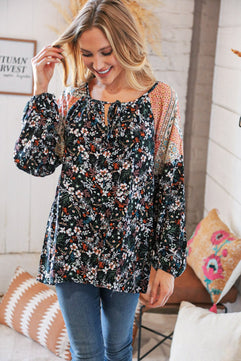 Boho Floral Ethnic Print Front Tie Woven Blouse - Molliee Boutique