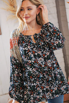 Boho Floral Ethnic Print Front Tie Woven Blouse - Molliee Boutique