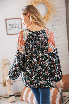 Boho Floral Ethnic Print Front Tie Woven Blouse - Molliee Boutique