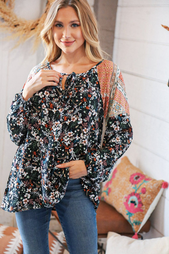 Boho Floral Ethnic Print Front Tie Woven Blouse - Molliee Boutique