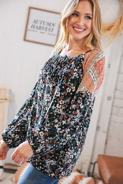 Boho Floral Ethnic Print Front Tie Woven Blouse - Molliee Boutique