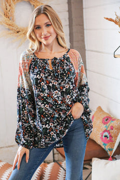 Boho Floral Ethnic Print Front Tie Woven Blouse - Molliee Boutique