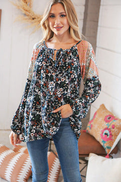 Boho Floral Ethnic Print Front Tie Woven Blouse - Molliee Boutique