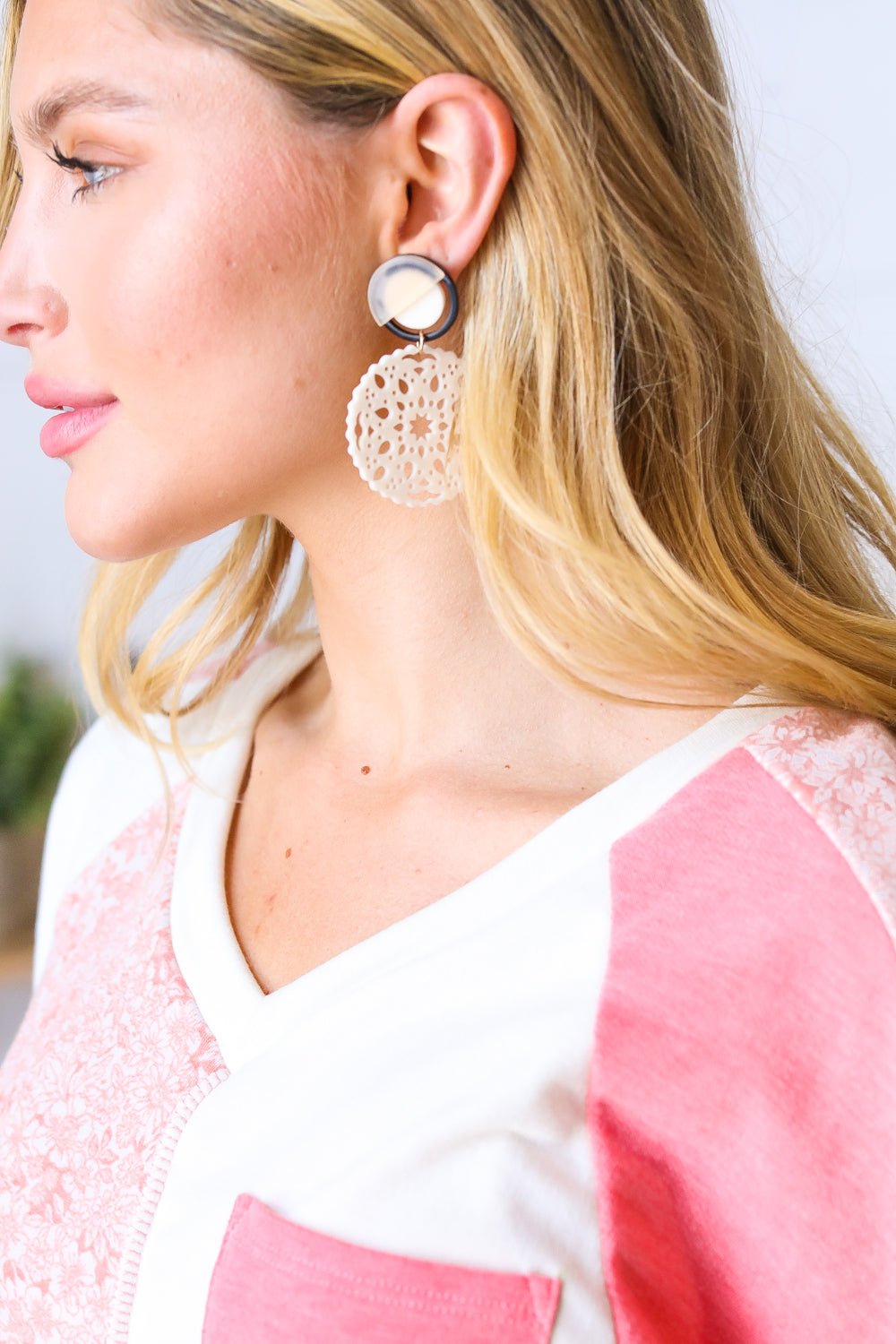 Bone Crochet Carved Disc Dangle Earrings - Molliee Boutique